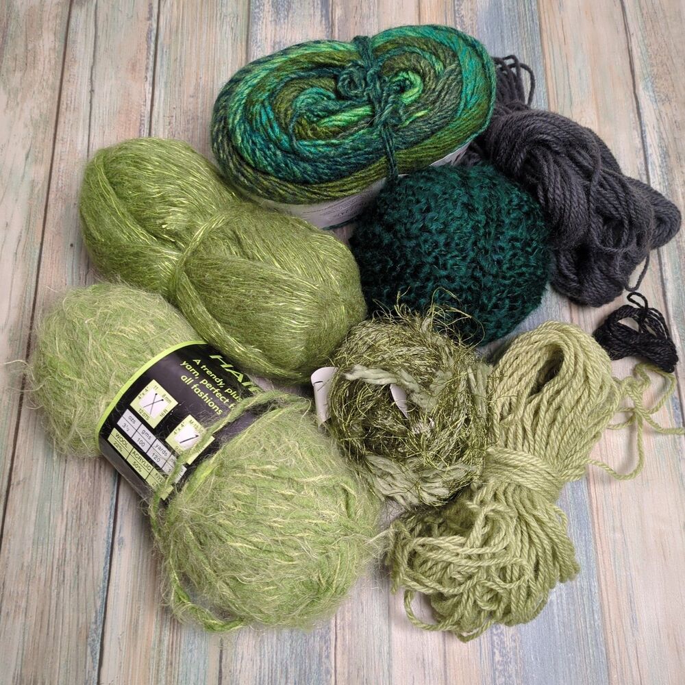 Mixed Green Yarn Lot Novelty Eyelash Crochet Knit Mossy Forest Earthy